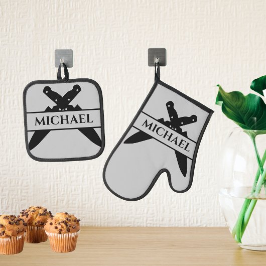 Monogram naam messen chef kok grillen ovenwant & pannenlap set