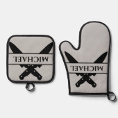 Monogram naam messen chef kok grillen ovenwant & pannenlap set (Voorkant)