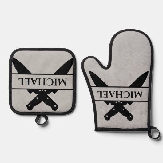 Monogram naam messen chef kok grillen ovenwant & pannenlap set (Voorkant)