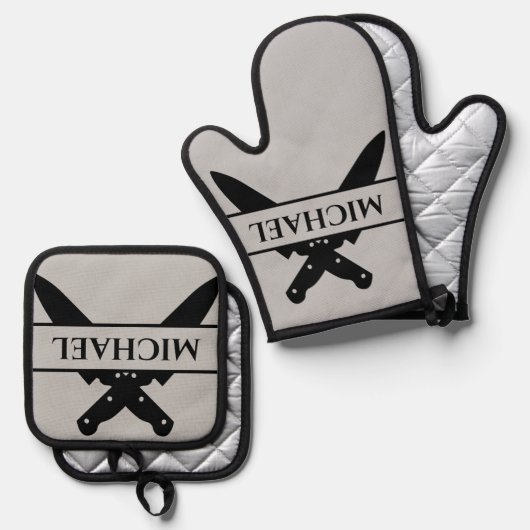 Monogram naam messen chef kok grillen ovenwant & pannenlap set (Voorkant / Achterkant)