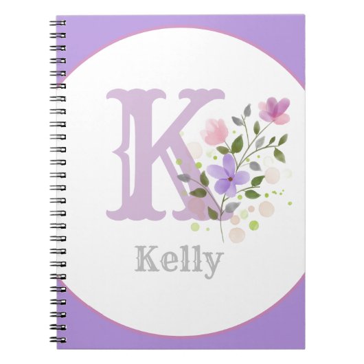 Monogram & naam met bloemen notitieboek (Voorkant)