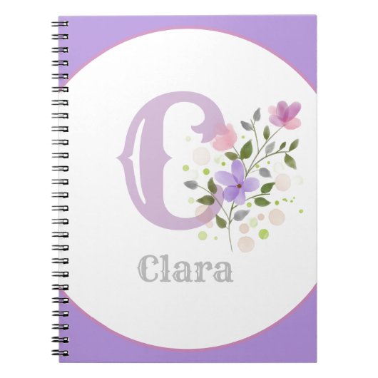 Monogram & naam met bloemen notitieboek (Voorkant)