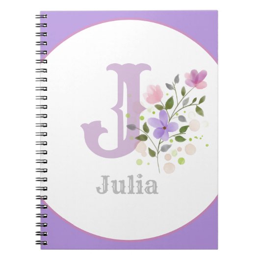 Monogram & naam met bloemen notitieboek (Voorkant)