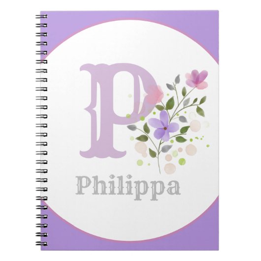 Monogram & naam met bloemen notitieboek (Voorkant)