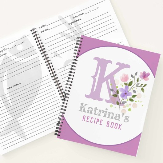 Monogram & naam met bloemen notitieboek