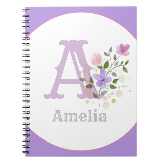 Monogram & naam met bloemen notitieboek (Voorkant)