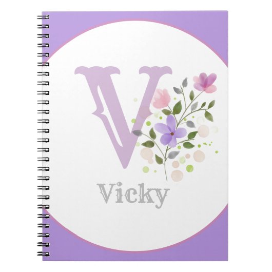 Monogram & naam met bloemen notitieboek (Voorkant)