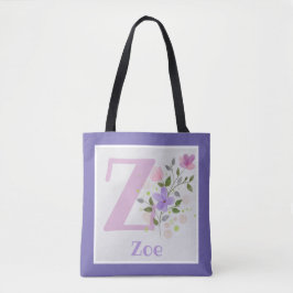 Monogram & naam met bloemen tote bag