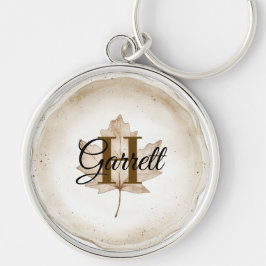 Monogram naam met bruine bladeren sleutelhanger