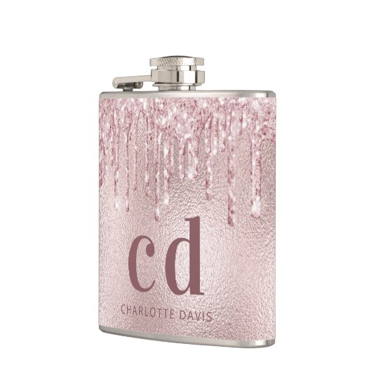 Monogram naam met roze glitterdruppels heupfles (Links)