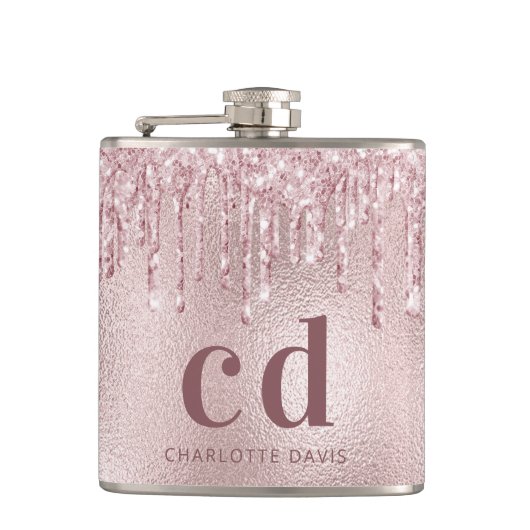 Monogram naam met roze glitterdruppels heupfles (Voorkant)