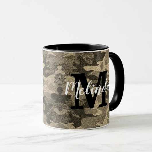 Monogram Naam Militair Camouflage Gold Glitter Mok (Voorkant rechts)