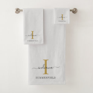Monogram Naam minimalistisch Gold Grey Script Bad Handdoek