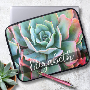Monogram Naam Mint Groen Roze Cactus Foto Modern Laptop Sleeve