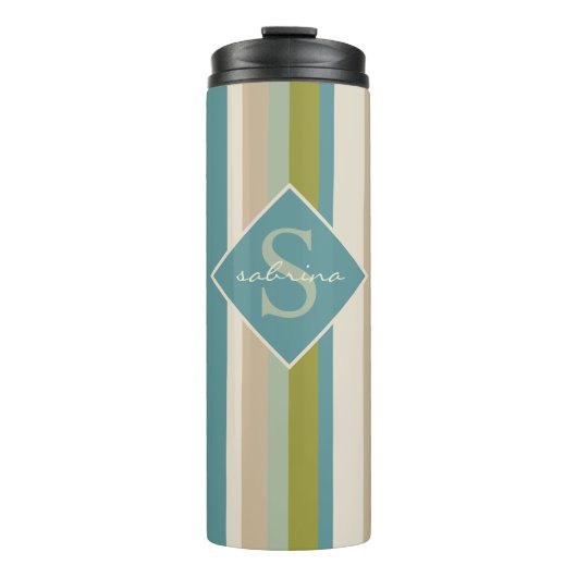 Monogram & naam Modern Blauwgroen Olive Stripes Pa Thermosbeker (Voorkant)