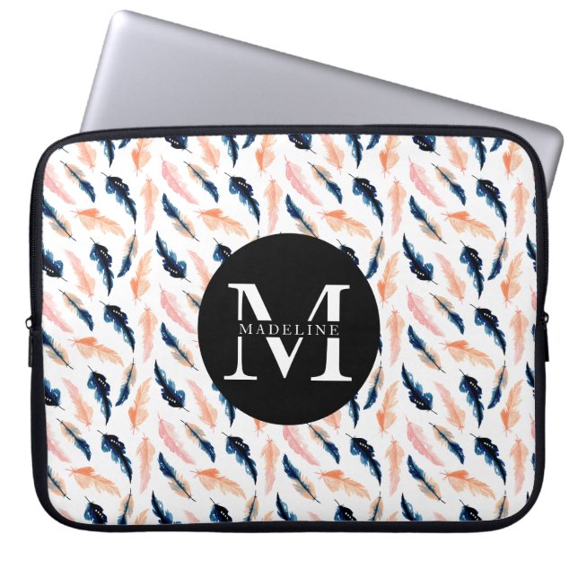 Monogram Naam Modern Cute Natuur Veer Patroon Laptop Sleeve (Voorkant)