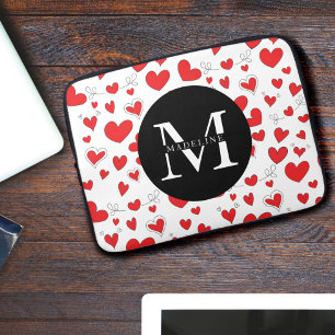 Monogram naam Modern Cute Red Heart Pattern-laptop Laptop Sleeve
