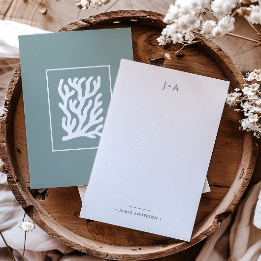 Monogram & naam Modern Minimal Nautical Coral Notitiekaartje