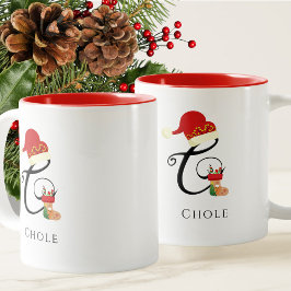 Monogram Naam Modern Schrift Letter C Kerstmis Tweekleurige Koffiemok