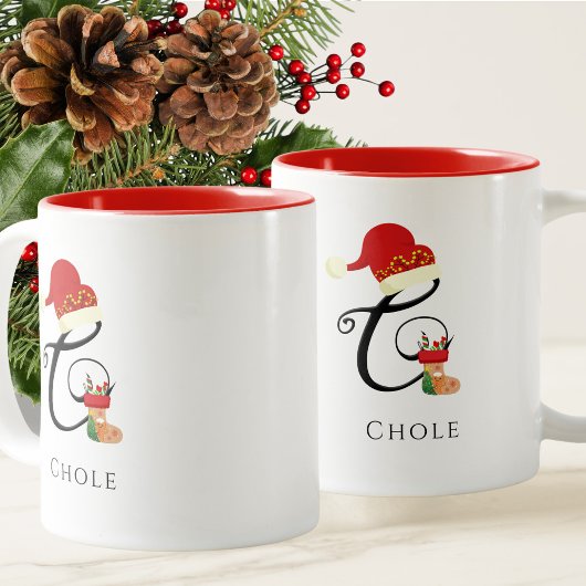 Monogram Naam Modern Schrift Letter C Kerstmis Tweekleurige Koffiemok