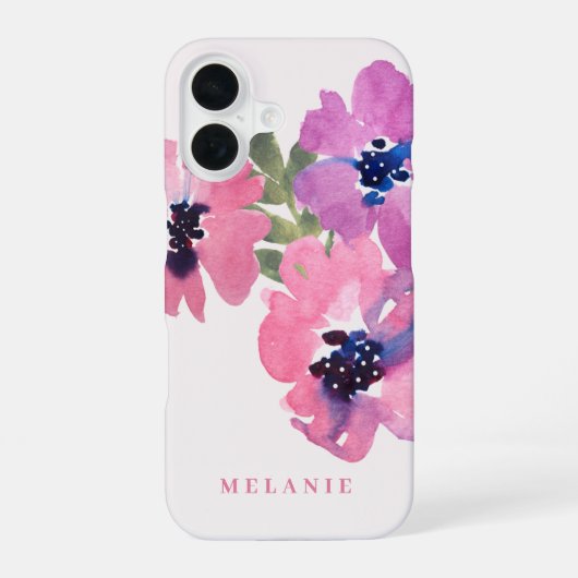 Monogram Naam Modern Waterverf Roze Bloemig iPhone 16 Hoesje (Achterkant)