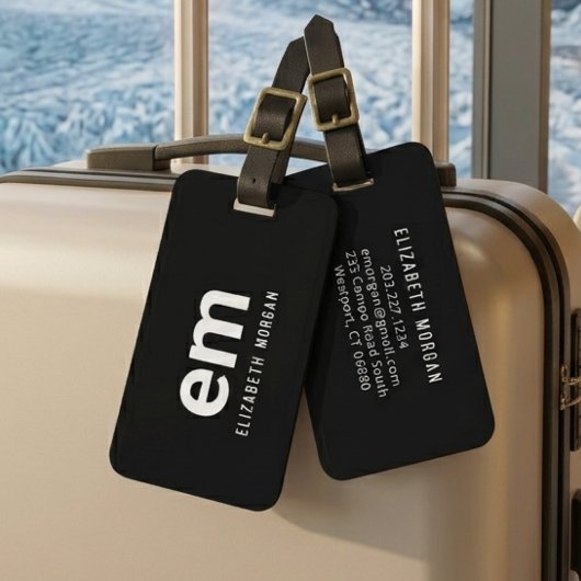 Monogram Naam Modern Zwart Reizen Elegant Bagagelabel