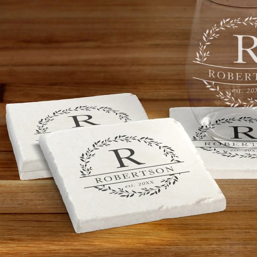 Monogram naam moderne botanische krans stenen onderzetter