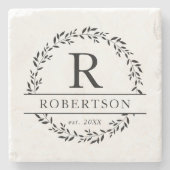 Monogram naam moderne botanische krans stenen onderzetter (Voorkant)
