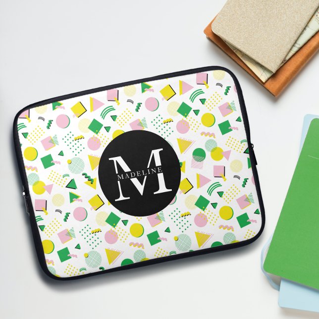 Monogram naam Moderne geometrische vormen Patroon Laptop Sleeve (Creator heeft geüpload)