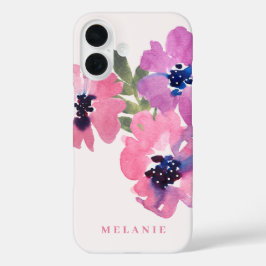 Monogram Naam Moderne Waterverf Roze Bloem iPhone 16 Hoesje