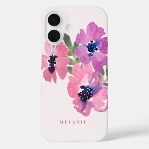 Monogram Naam Moderne Waterverf Roze Bloem iPhone 16 Hoesje