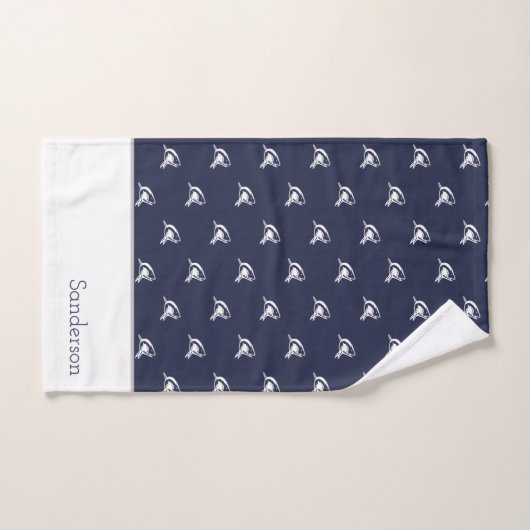 Monogram naam Nautical Shark Navy Blue | wit Bad Handdoek (Handdoek)