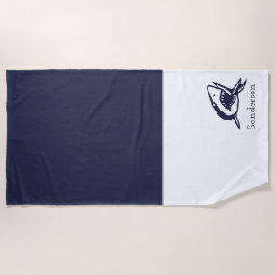 Monogram naam Nautical Shark Navy Blue   wit Strandlaken