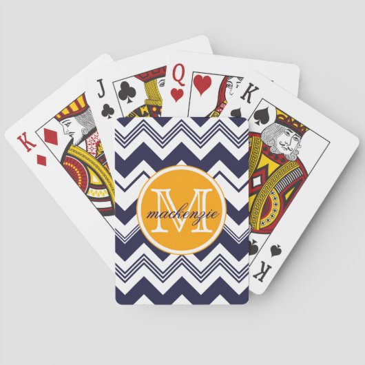 Monogram naam navy blauw wit zigzag patroon pokerkaarten (Achterkant)