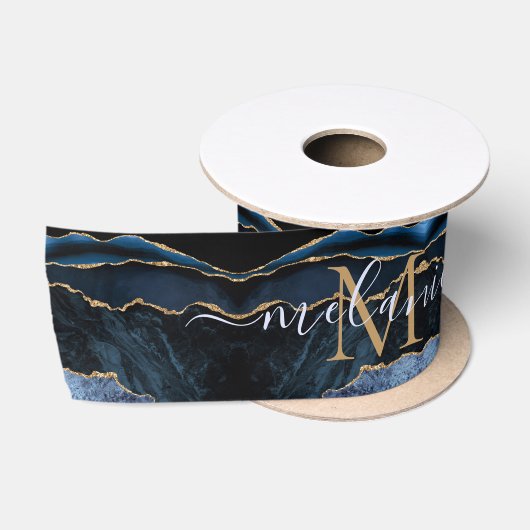 Monogram Naam Navy Blauwe Gouden Glitterlint Satijnen Lint (Spoel)