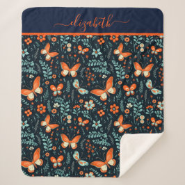 Monogram Naam Navy Blauwe Oranje Vlinder Bloemig  Sherpa Deken