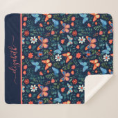 Monogram Naam Navy Blauwe Roze Perzik Vlinder  Sherpa Deken (Voorkant (horizontaal))