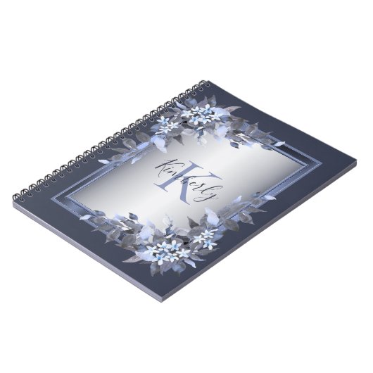 Monogram Naam Navy Blue Floral Silver Grey Elegant Notitieboek (Linkerzijde)