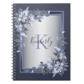 Monogram Naam Navy Blue Floral Silver Grey Elegant Notitieboek (Voorkant)