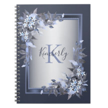 Monogram Naam Navy Blue Floral Silver Grey Elegant