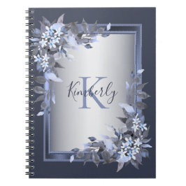 Monogram Naam Navy Blue Floral Silver Grey Elegant Notitieboek