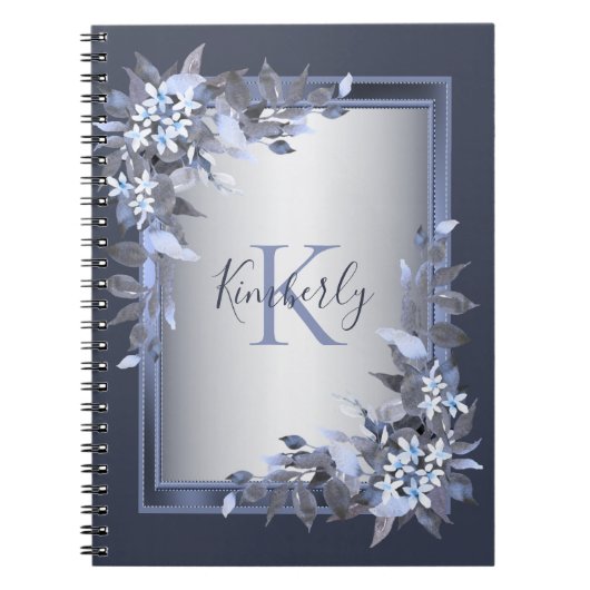 Monogram Naam Navy Blue Floral Silver Grey Elegant Notitieboek (Voorkant)