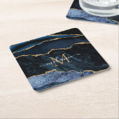 Monogram Naam Navy Blue Gold Marble Paper Onderzet Kartonnen Onderzetters (Schuin)