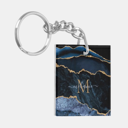 Monogram Naam Navy Blue Gold Marble Sleutelhanger (Voorkant Links)