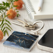 Monogram Naam Navy Blue Gold Marble Sleutelhanger (Voorkant Rechts)