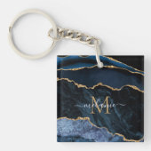 Monogram Naam Navy Blue Gold Marble Sleutelhanger (Voorkant)