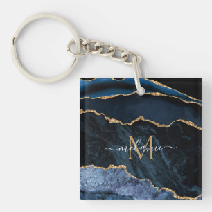 Monogram Naam Navy Blue Gold Marble Sleutelhanger