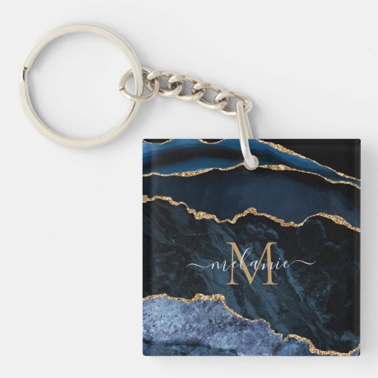 Monogram Naam Navy Blue Gold Marble Sleutelhanger (Voorkant)