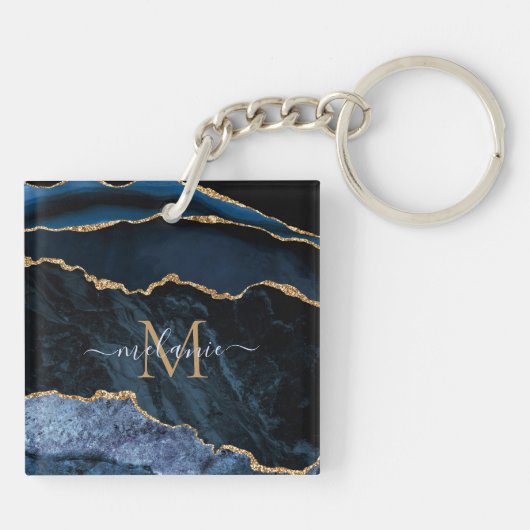 Monogram Naam Navy Blue Gold Marble Sleutelhanger (Achterkant)