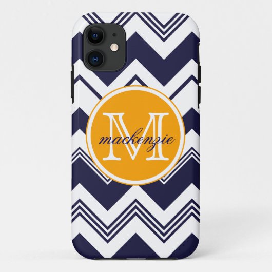 Monogram naam Navy Blue White Chevron Pattern Case-Mate iPhone Case (Achterkant)